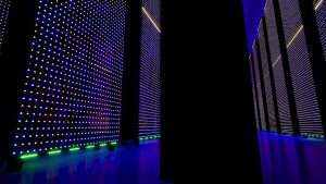 Data servers behind glass panels. Data center. Big data. Super computer.