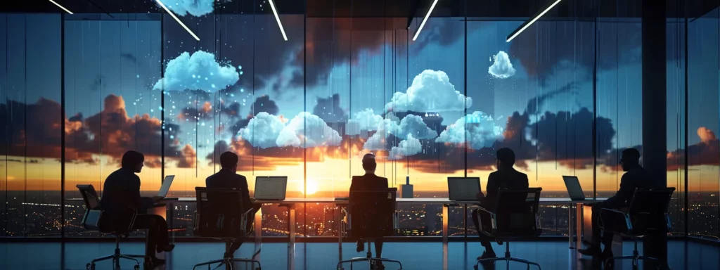 a team of experienced consultants surrounded by glowing clouds in a futuristic office.