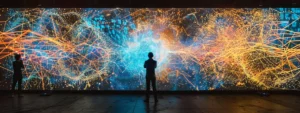 a person standing in front of a wall-sized screen displaying intricate webs of colorful data visualizations.