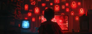 a person looking at a computer screen filled with ominous red warning pop-ups and a lock icon, symbolizing common cyber threats.