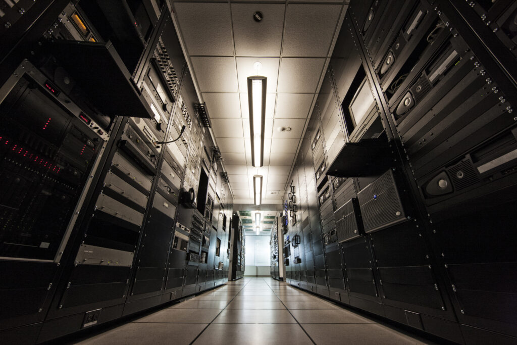 Storage racks aligned in a computer server room